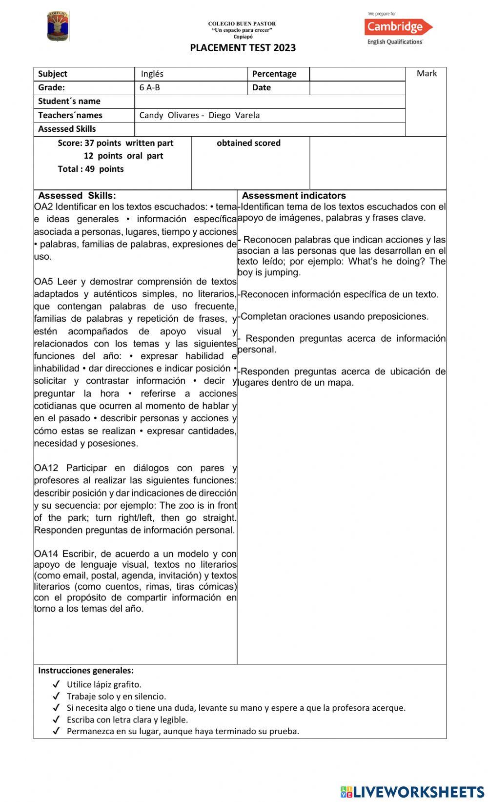 Pre Assessment  Sixth  Graders