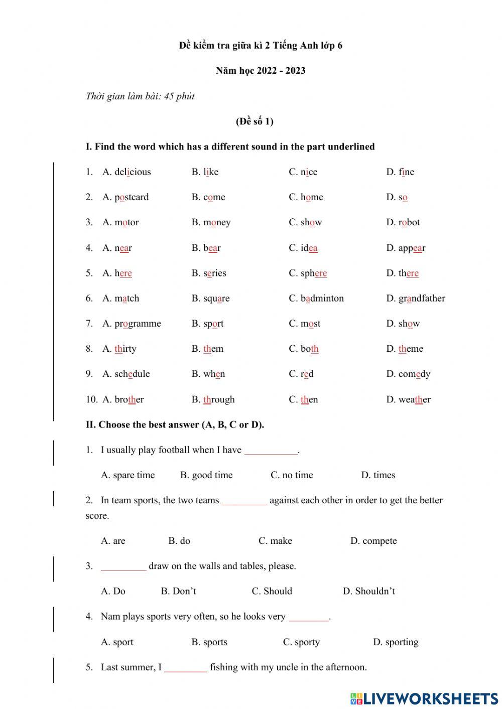 Đề ôn thi giữ kì lớp 6