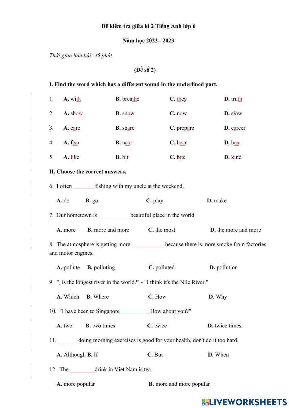 Đề ôn thi giữ kì lớp 6