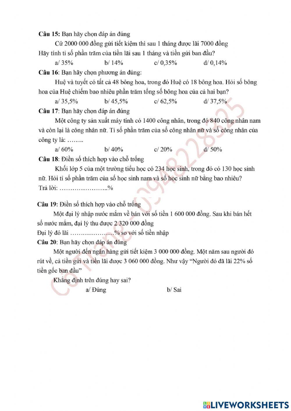 Dạng 1: Tìm tỉ số phần trăm của hai số