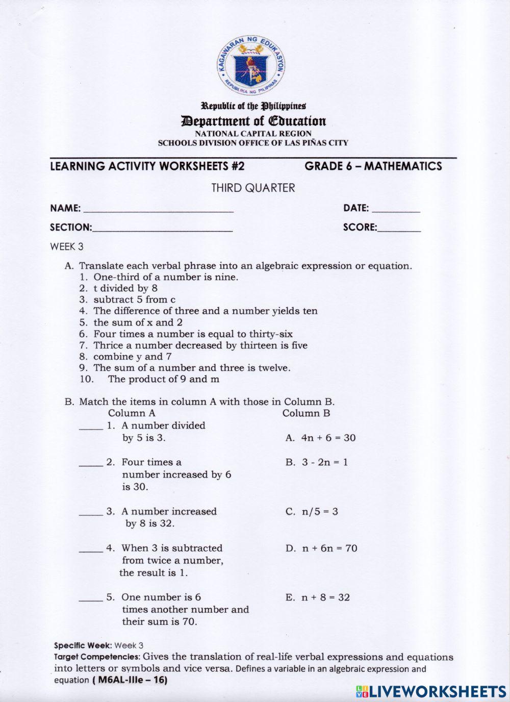 Translating Word Phrase into Algebraic Expressions and Vice Versa