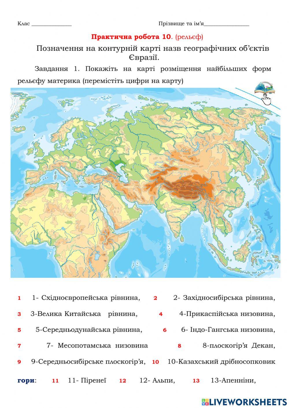 Практична робота 10. (рельєф) Позначення на контурній карті назв географічних об’єктів Євразії.