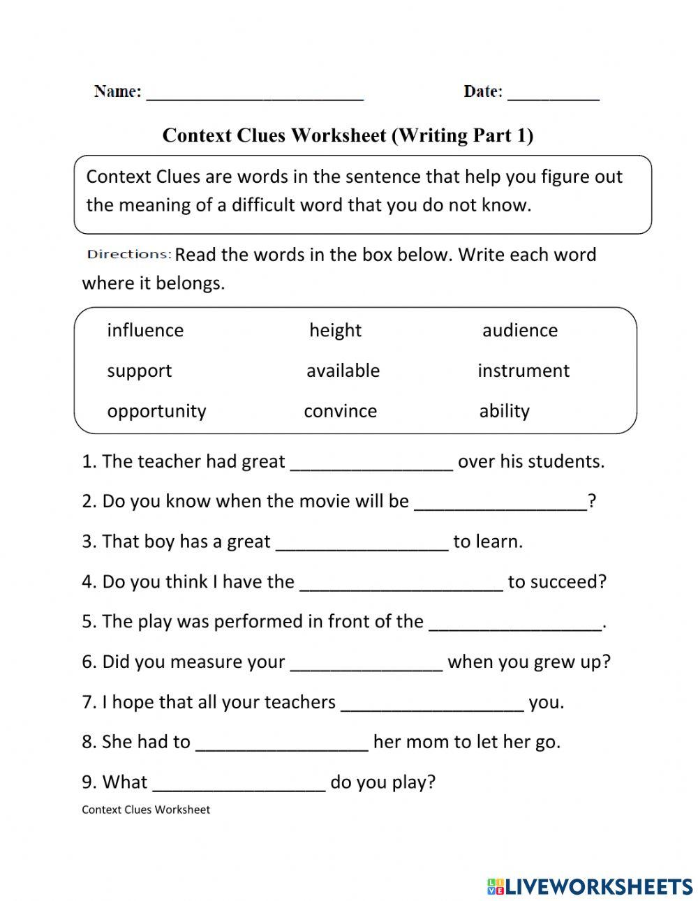 Context Clues Worksheet