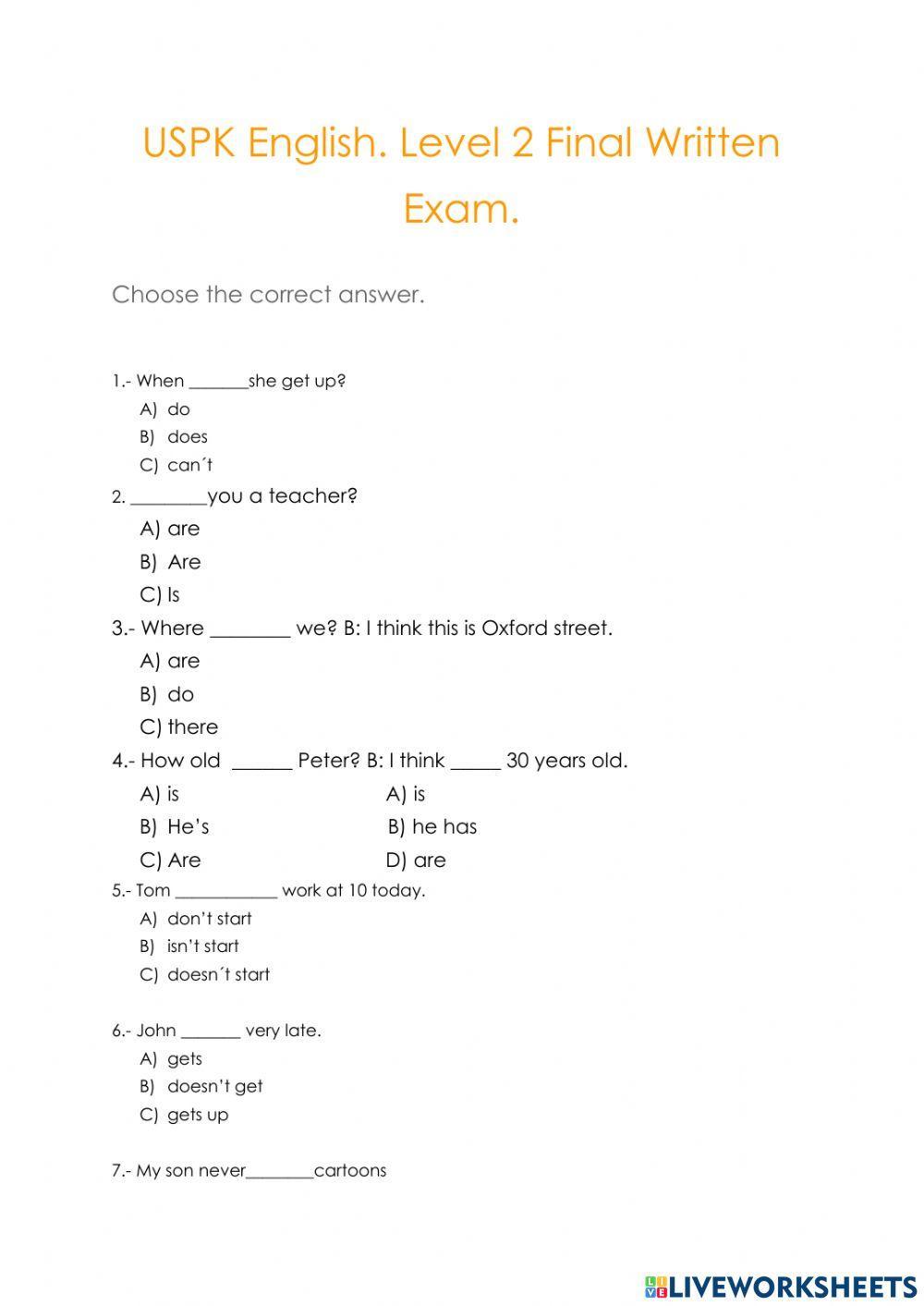 USPK English Level 2 Final Written Exam 