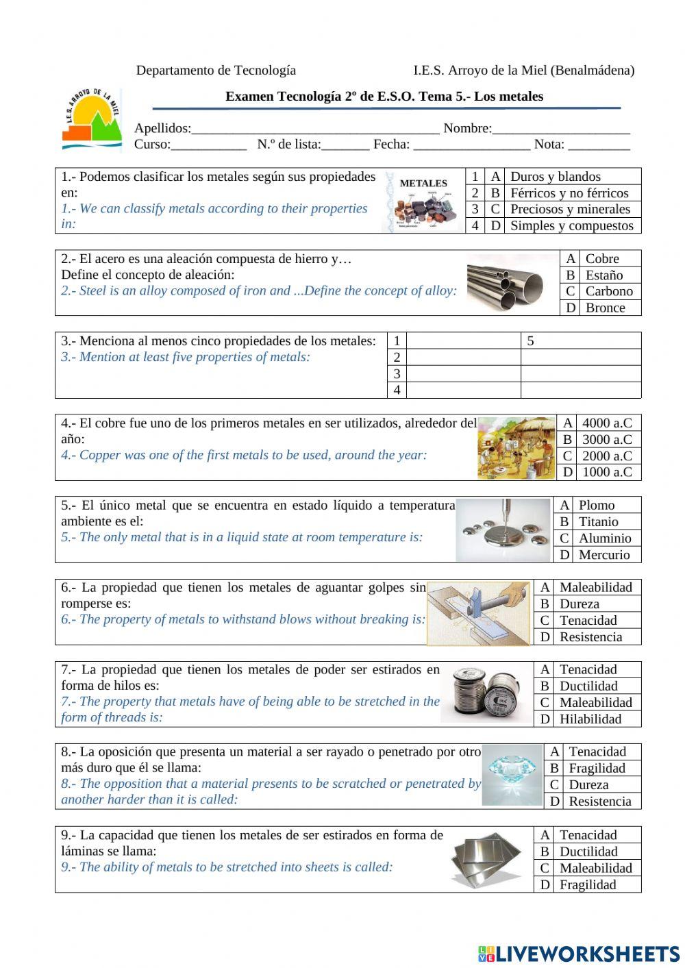 Examen Tema 5.-Los metales