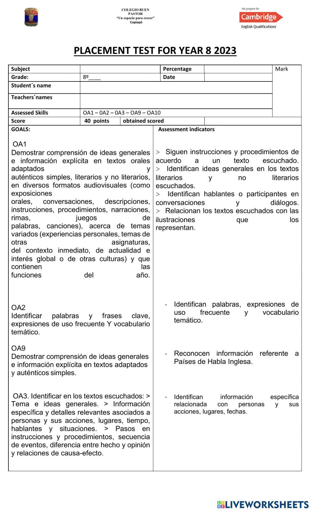 Placement Test Year 8 2023