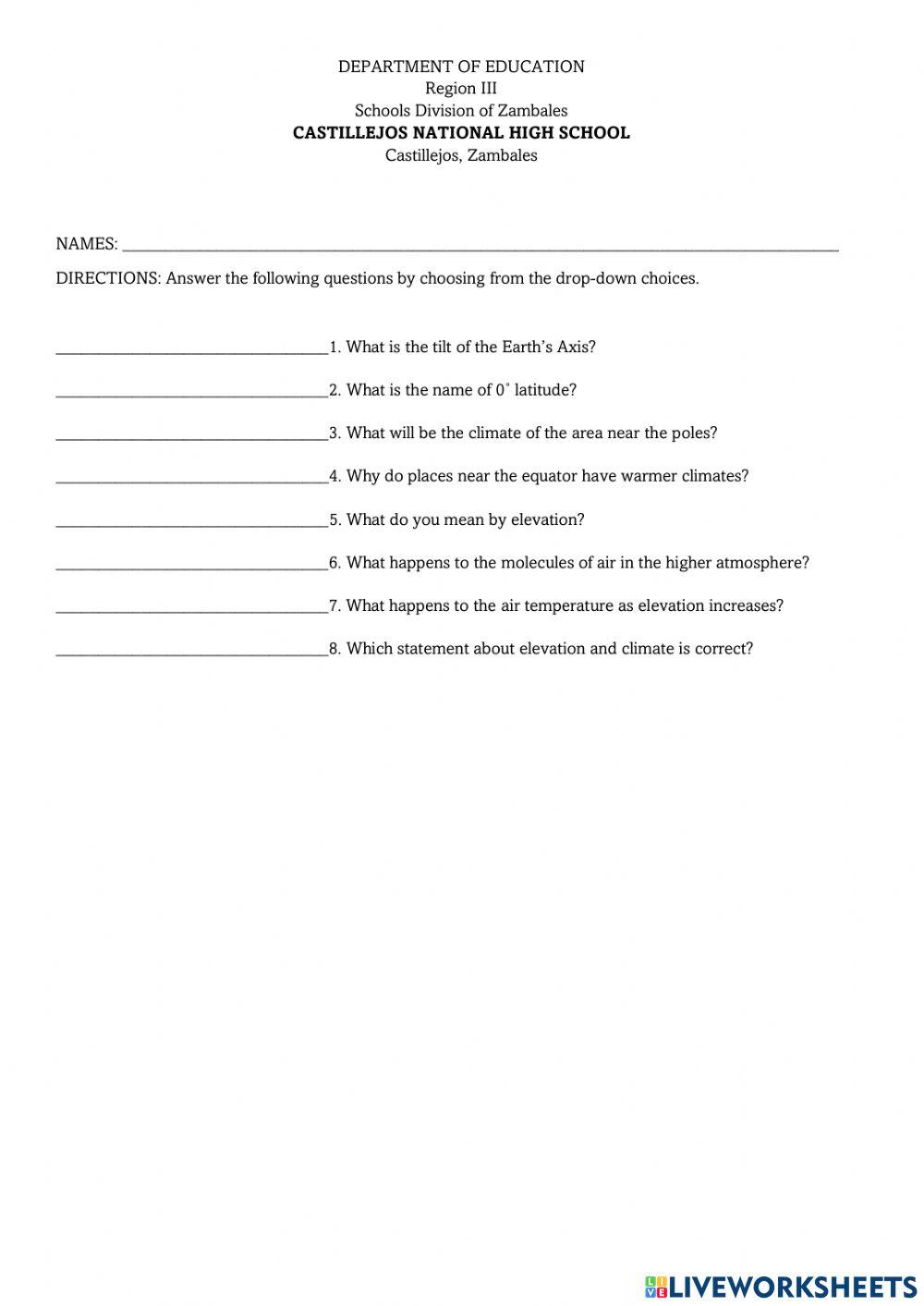 Climate Worksheet 1