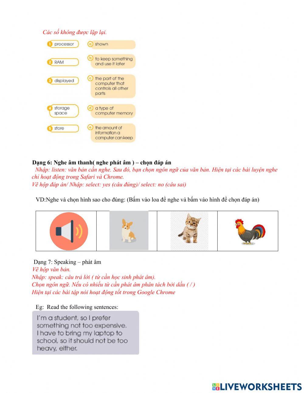 13 dạng câu hỏi live worksheet