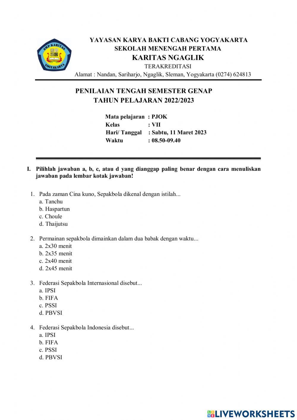 PTS Genap PJOK Kelas 7