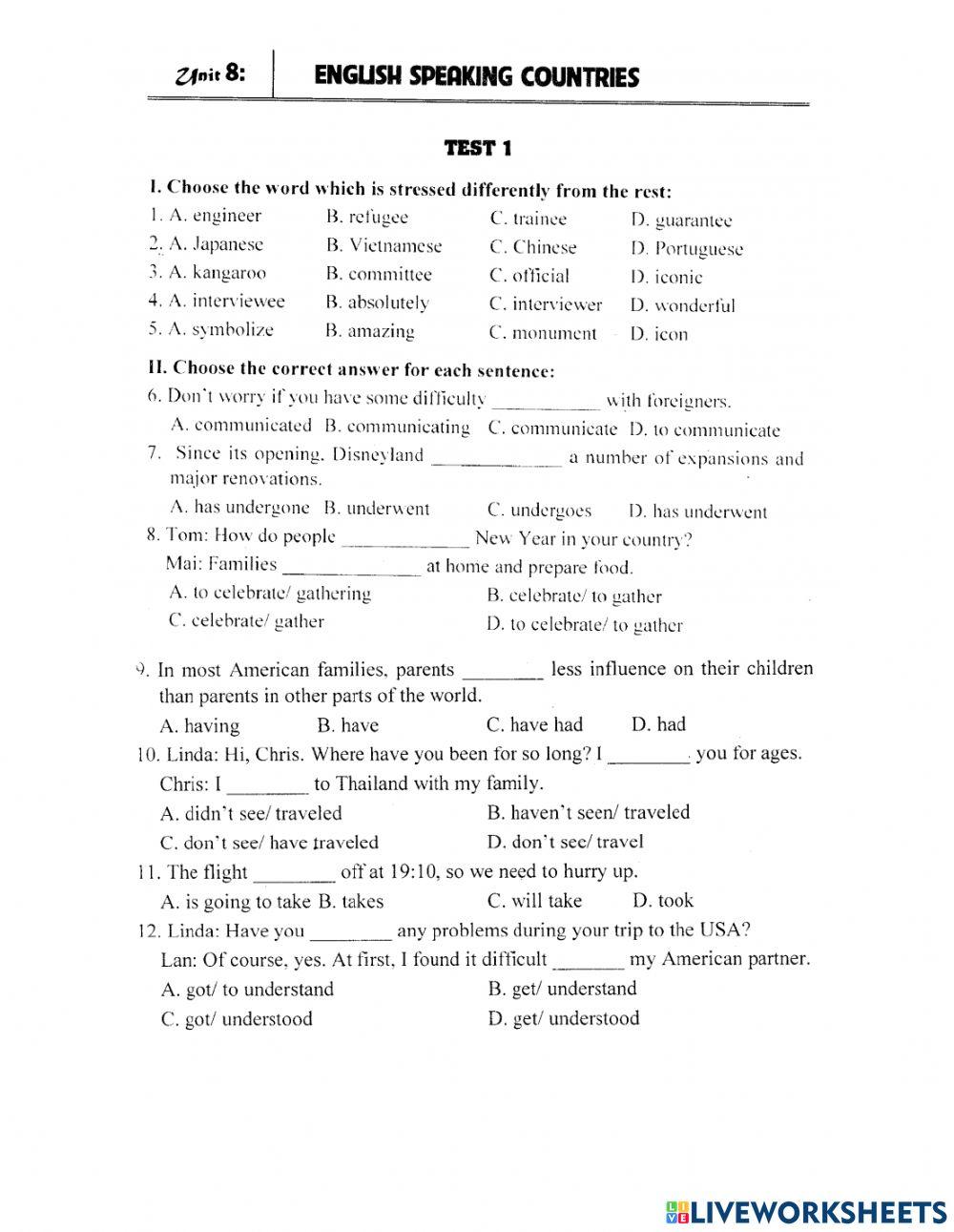 Lop 8 unit 8 test 1 worksheet live worksheets