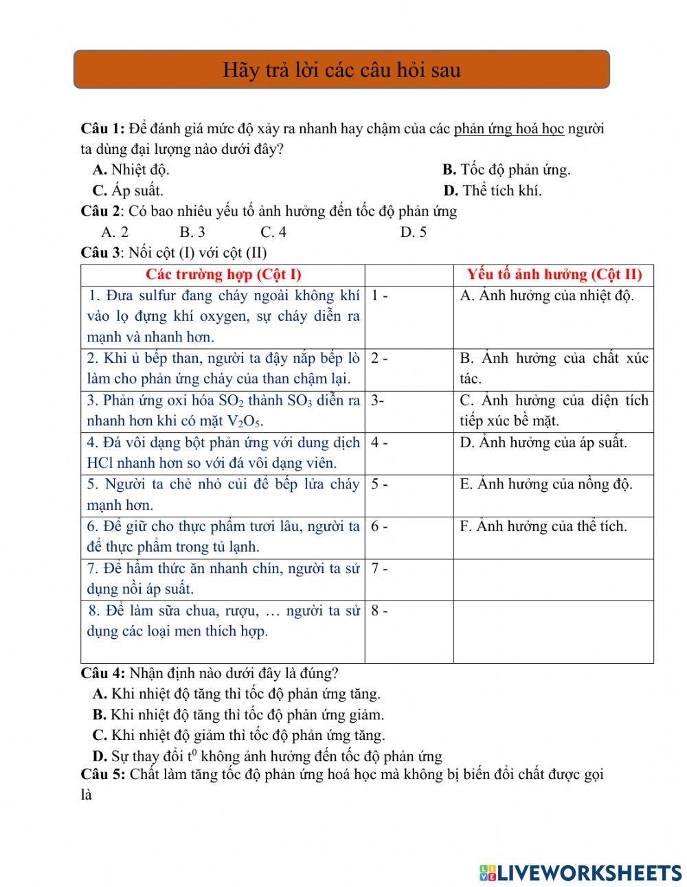 Phiếu học tập : các yếu tố ảnh hưởng đến tốc độ phản ứng