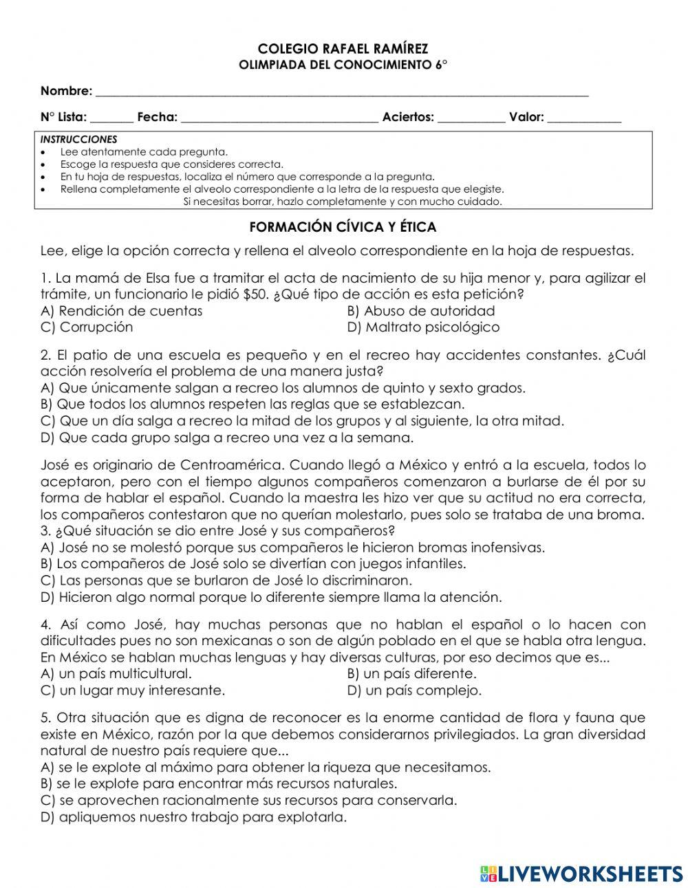 6° formación cívica y ética olimpiada del conocimiento 2023