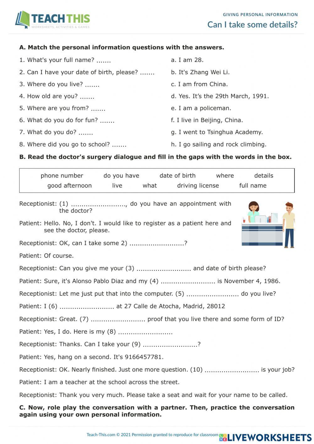 Personal information (A2) online exercise for | Live Worksheets
