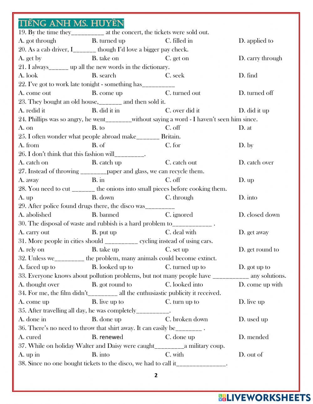 50 câu trắc nghiệm phrasal verbs THPTQG