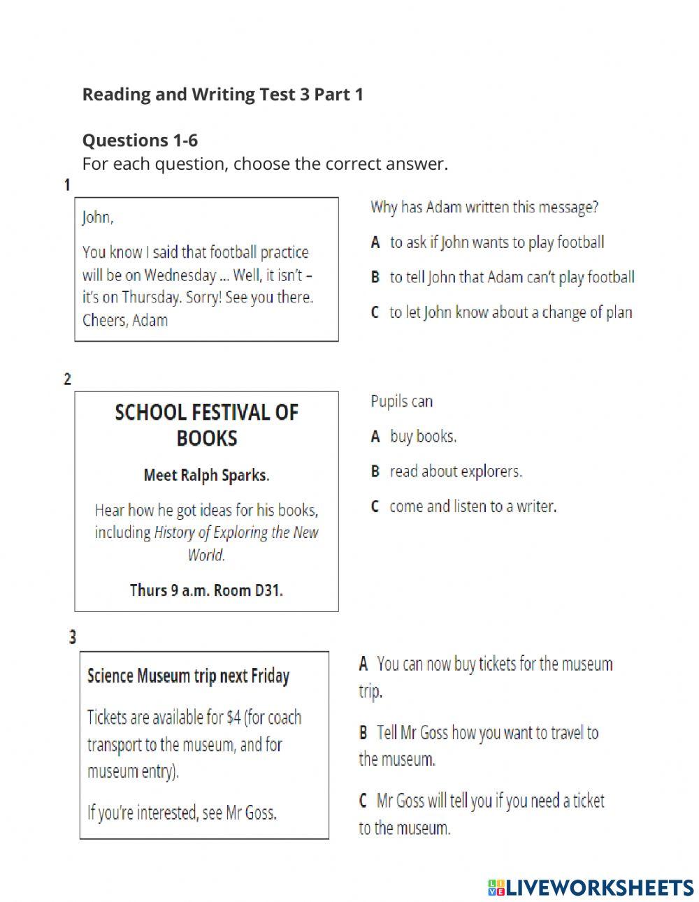Reading Part 1 Practice 1 worksheet | Live Worksheets