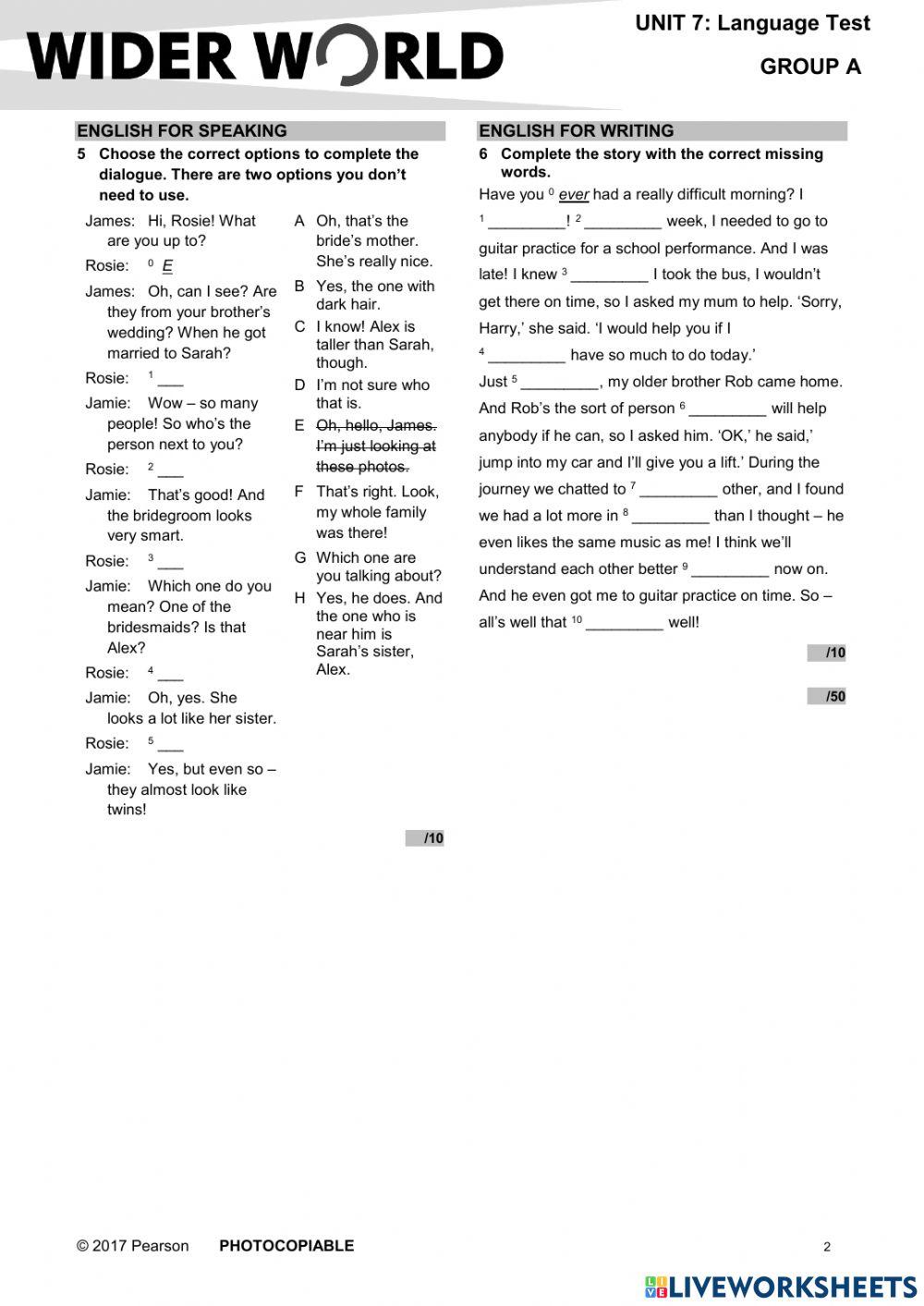 Ww3 unit 7 test speaking writing online exercise for live worksheets