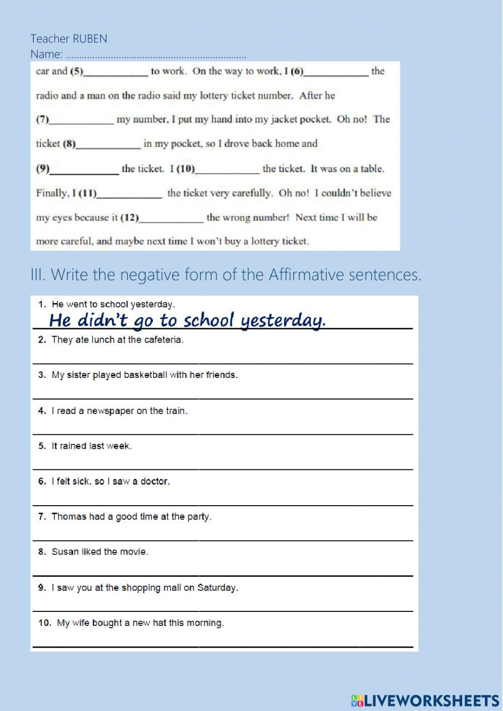 Simple past of regular and irregular verbs