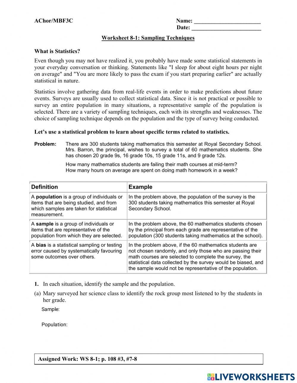 Sampling Methods Wksht online exercise for | Live Worksheets