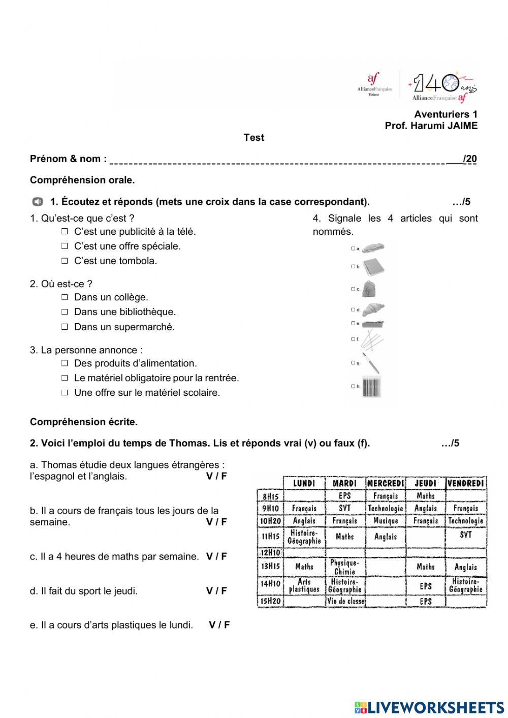 Test final - Aventuriers 1. 2023