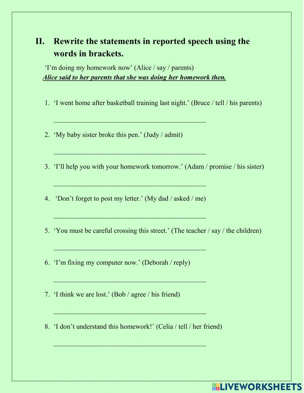 Reported Speech online exercise for Intermediate | Live Worksheets