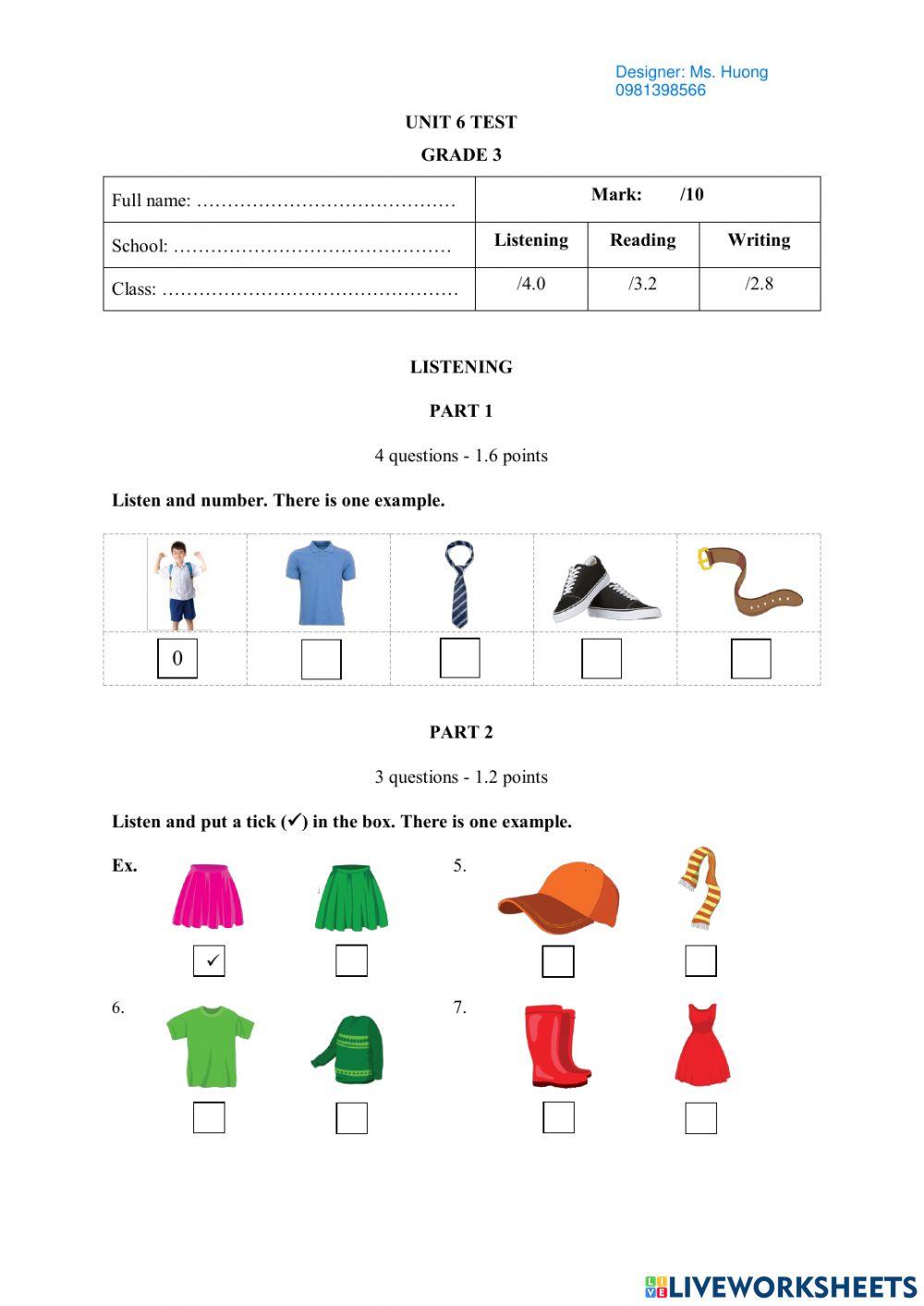 Test unit 6: Clothes. (Designer by Ms.Huong)