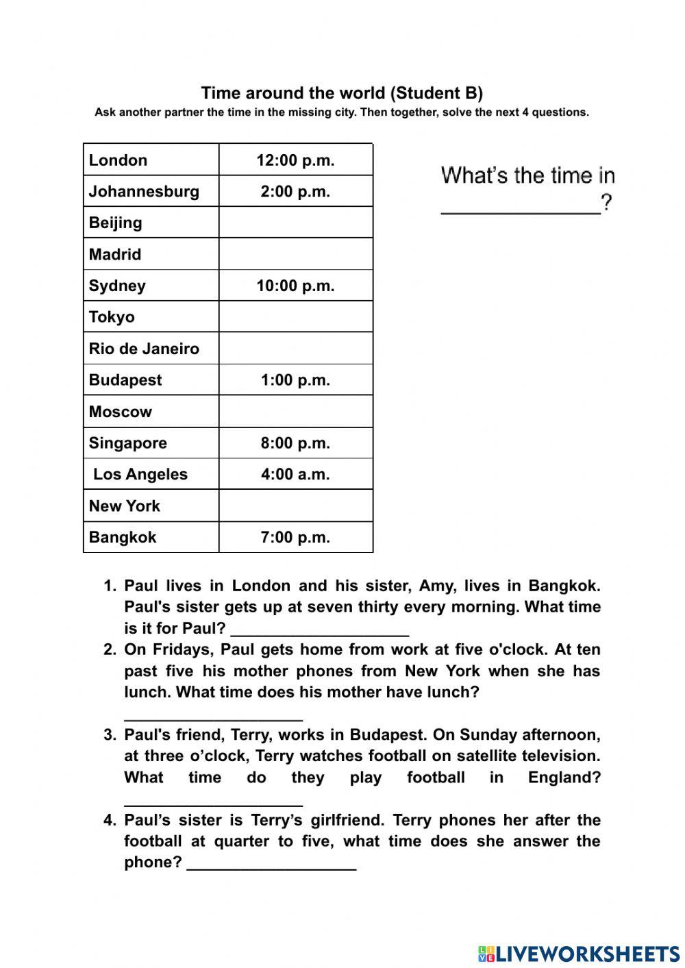 What time is it around the world Student B