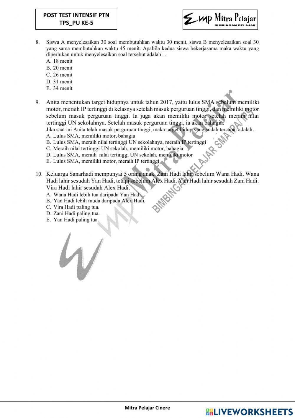 Posttest intensif snbt pu 5