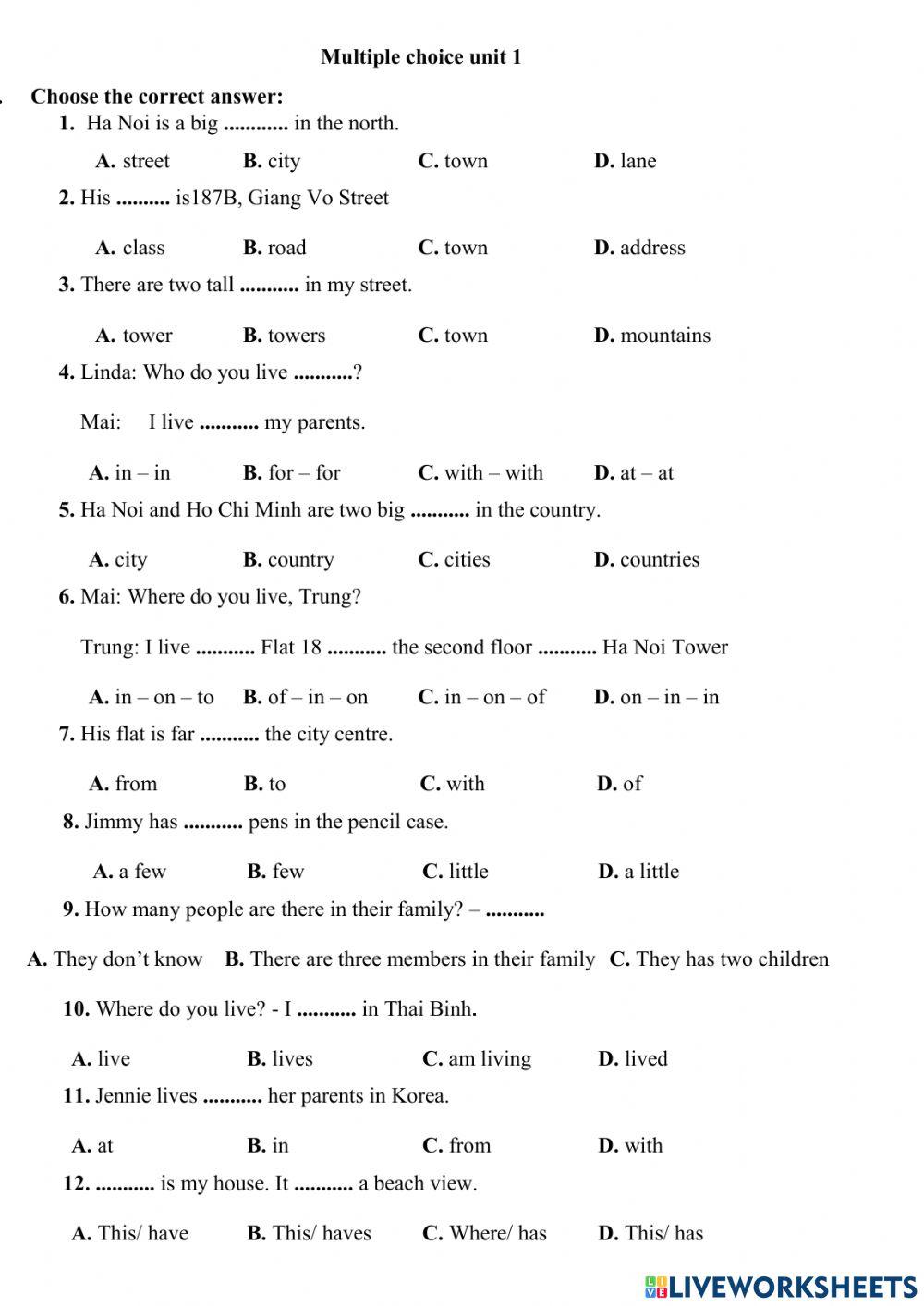Lớp 5- trắc nghiệm theo chủ đề-unit 1
