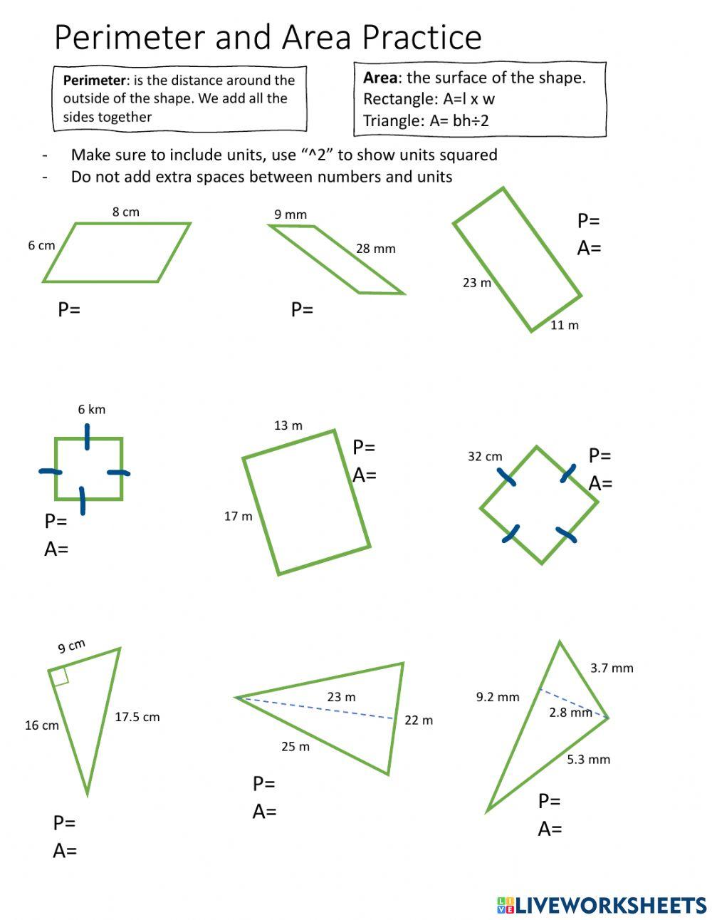 Perimeter and Area practice Perimeter and Area practice