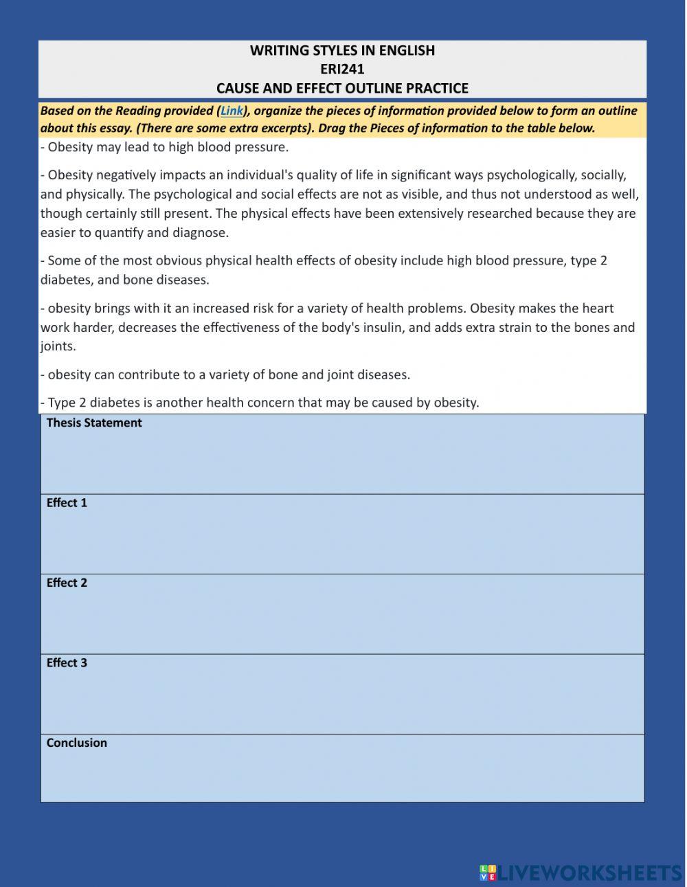 Cause and Effect Essay Outline Practice