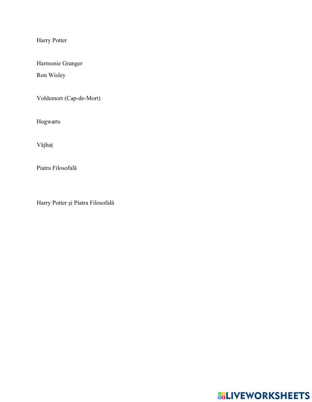 Fisa de lucru Harry Potter
