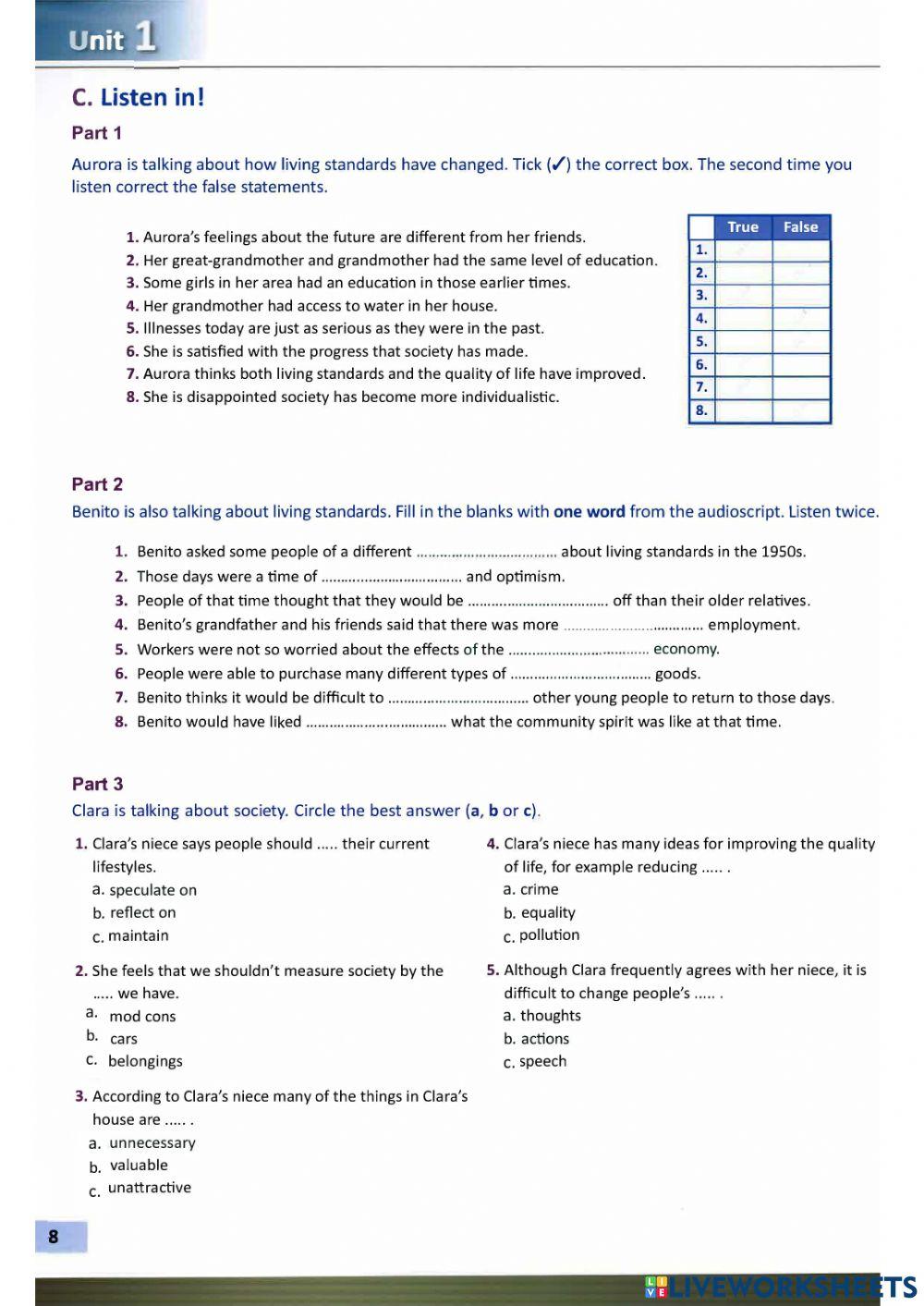 SOCIETY AND LIVING STANDARDS SPEAKING AND LISTENING UNIT 1