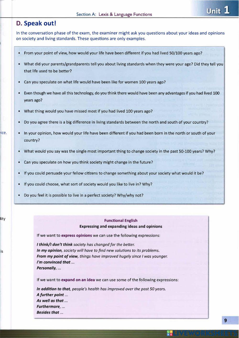 SOCIETY AND LIVING STANDARDS SPEAKING AND LISTENING UNIT 1