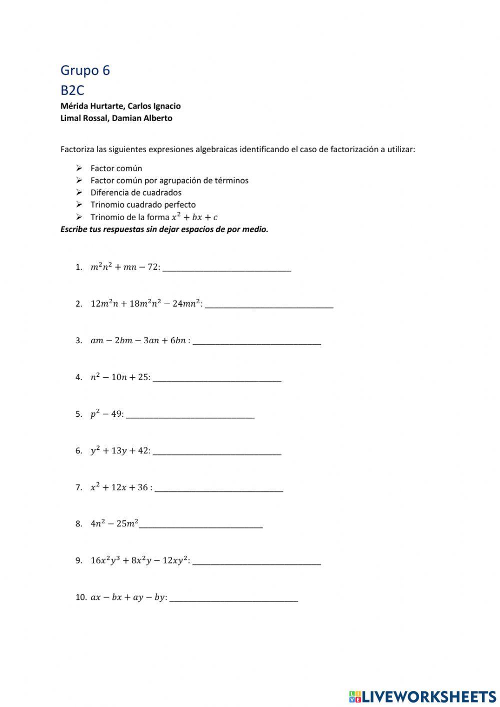 Ejercicios de factorización