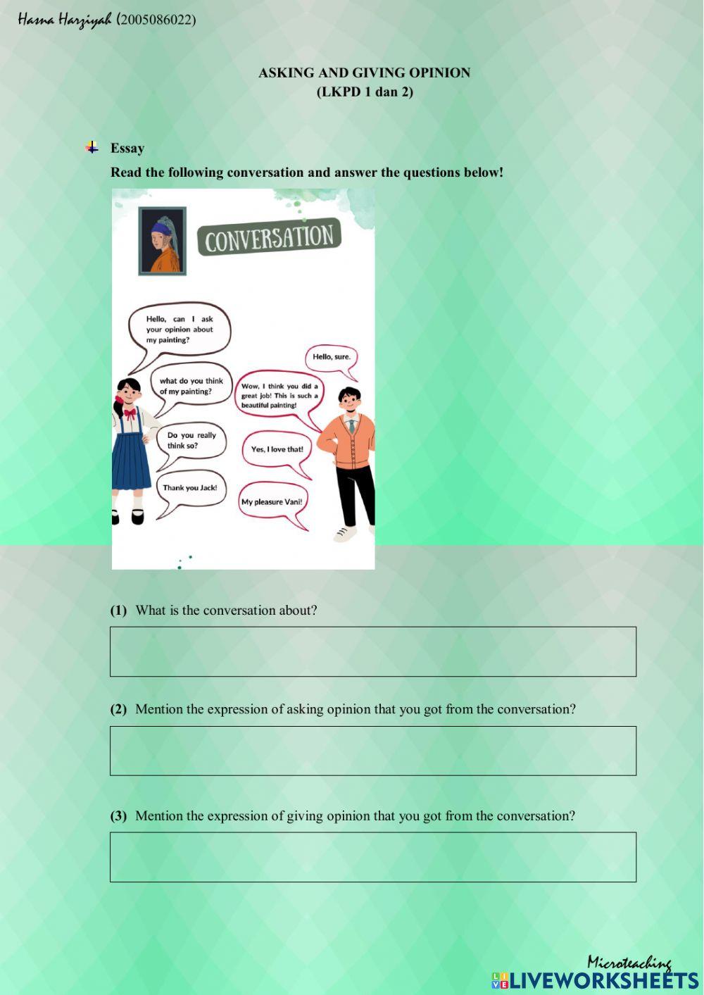 Asking and Giving Opinion (LKPD 1 dan 2) 2335452 Hasna