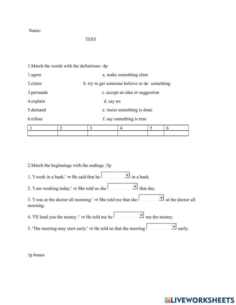 Indirect speech and vocabulary items check