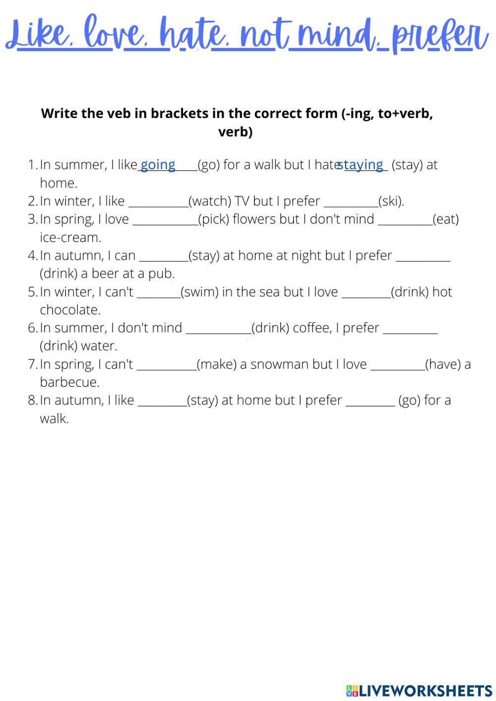 Like, love, not mind, hate, prefer