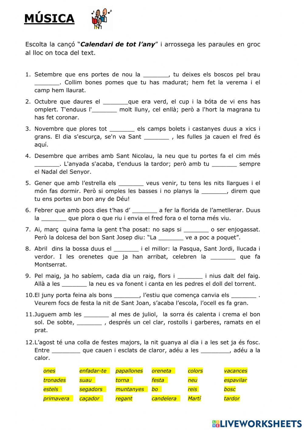 CANÇÓ: Calendari de tot l'any