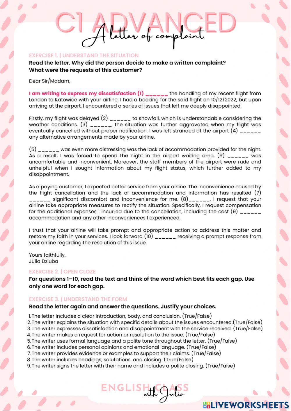 C1 Advanced: A letter of complaint