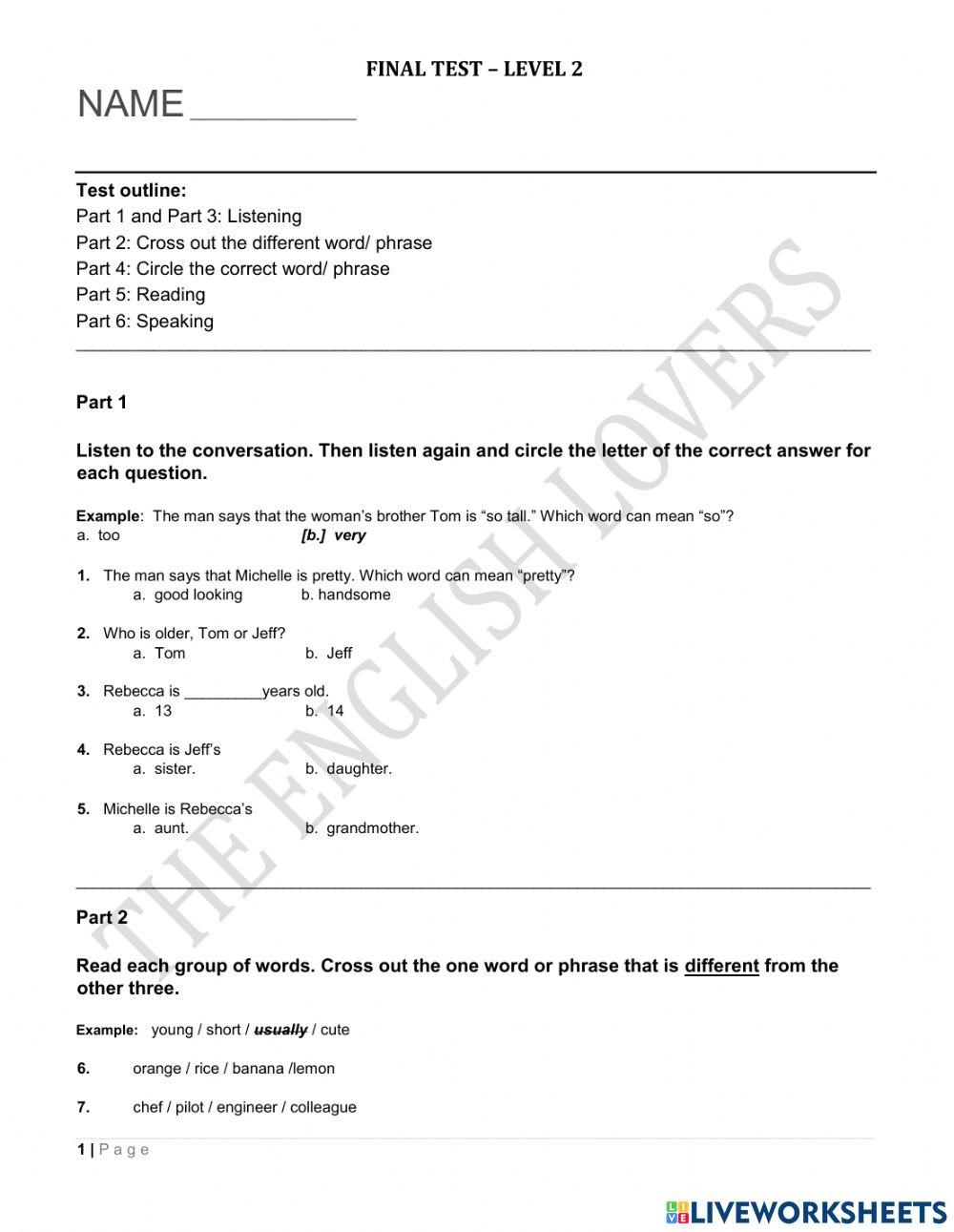 FINAL TEST LEVEL 2 online exercise for | Live Worksheets