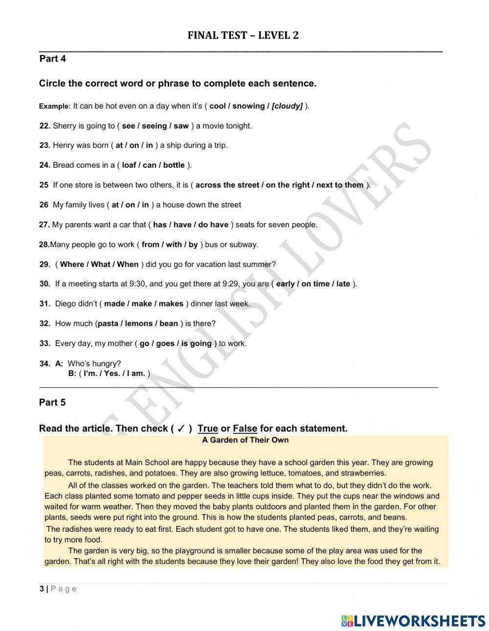 FINAL TEST LEVEL 2 online exercise for | Live Worksheets