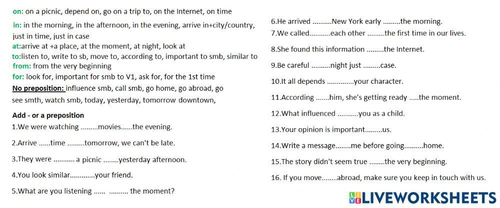 In, on, at, to , from, for