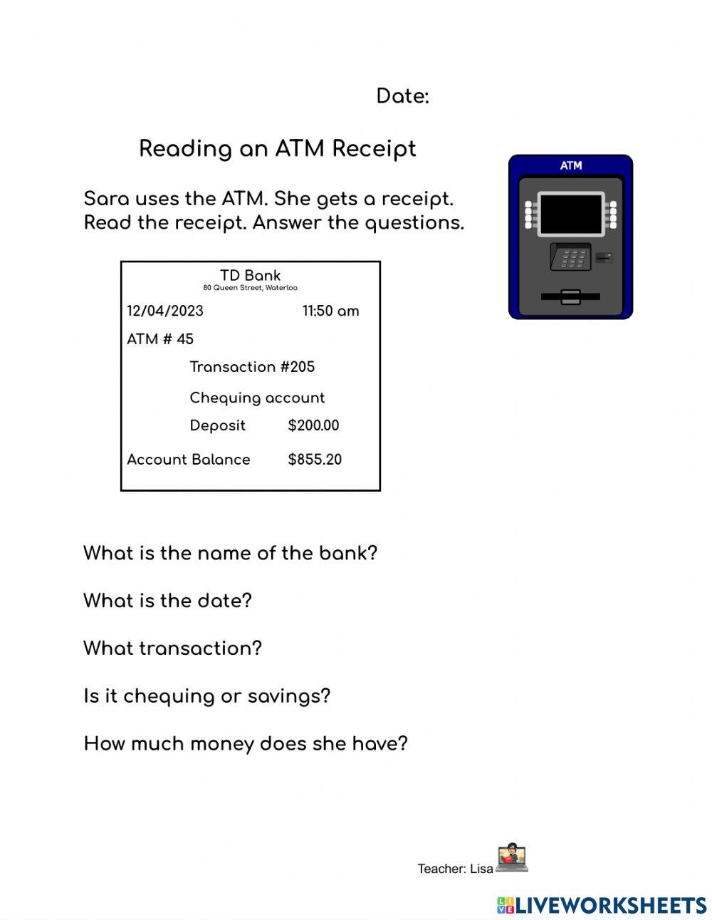 CLB 1 At the Bank Reading an ATM Receipt