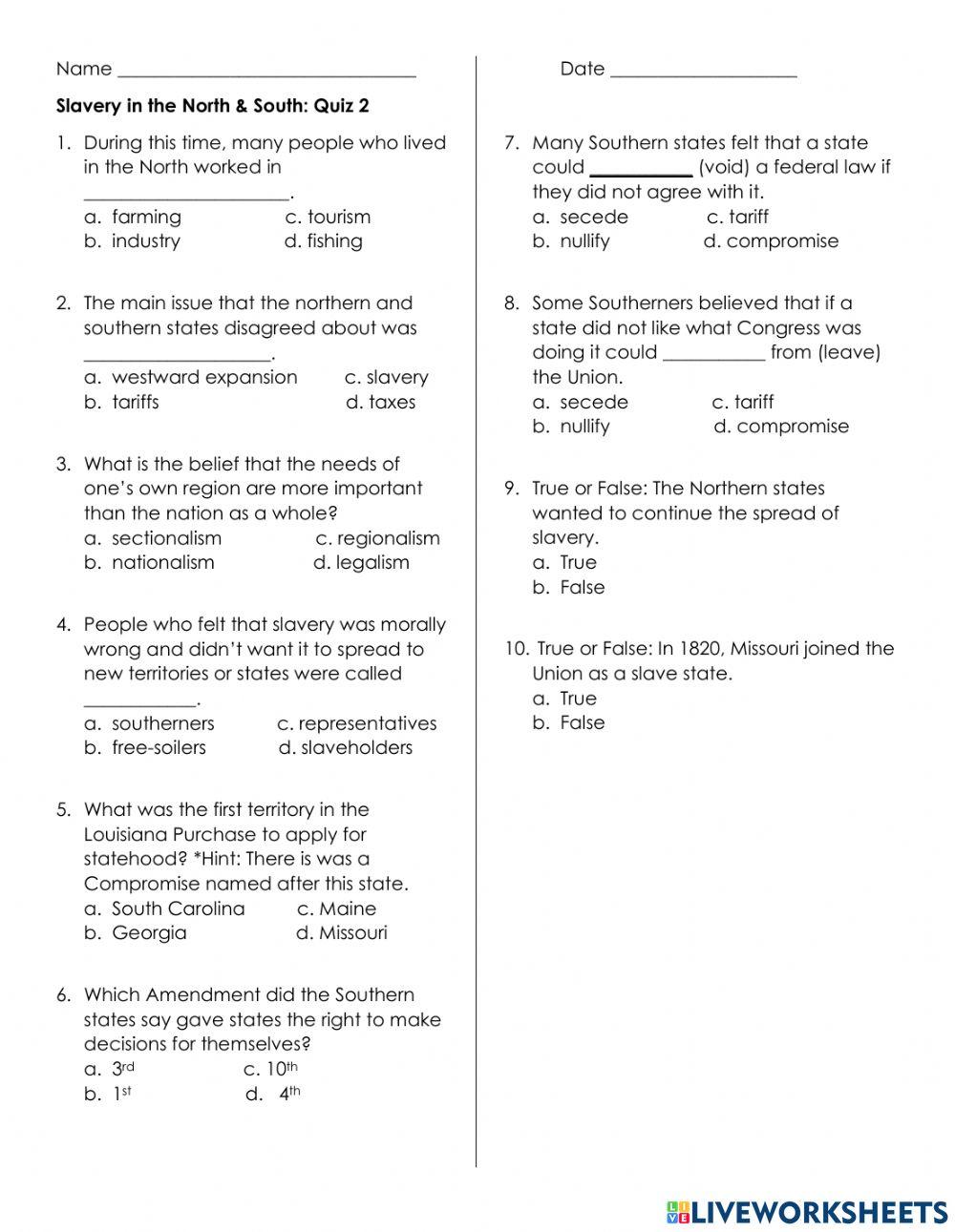 Slavery in the North & South Missouri Compromise worksheet Live
