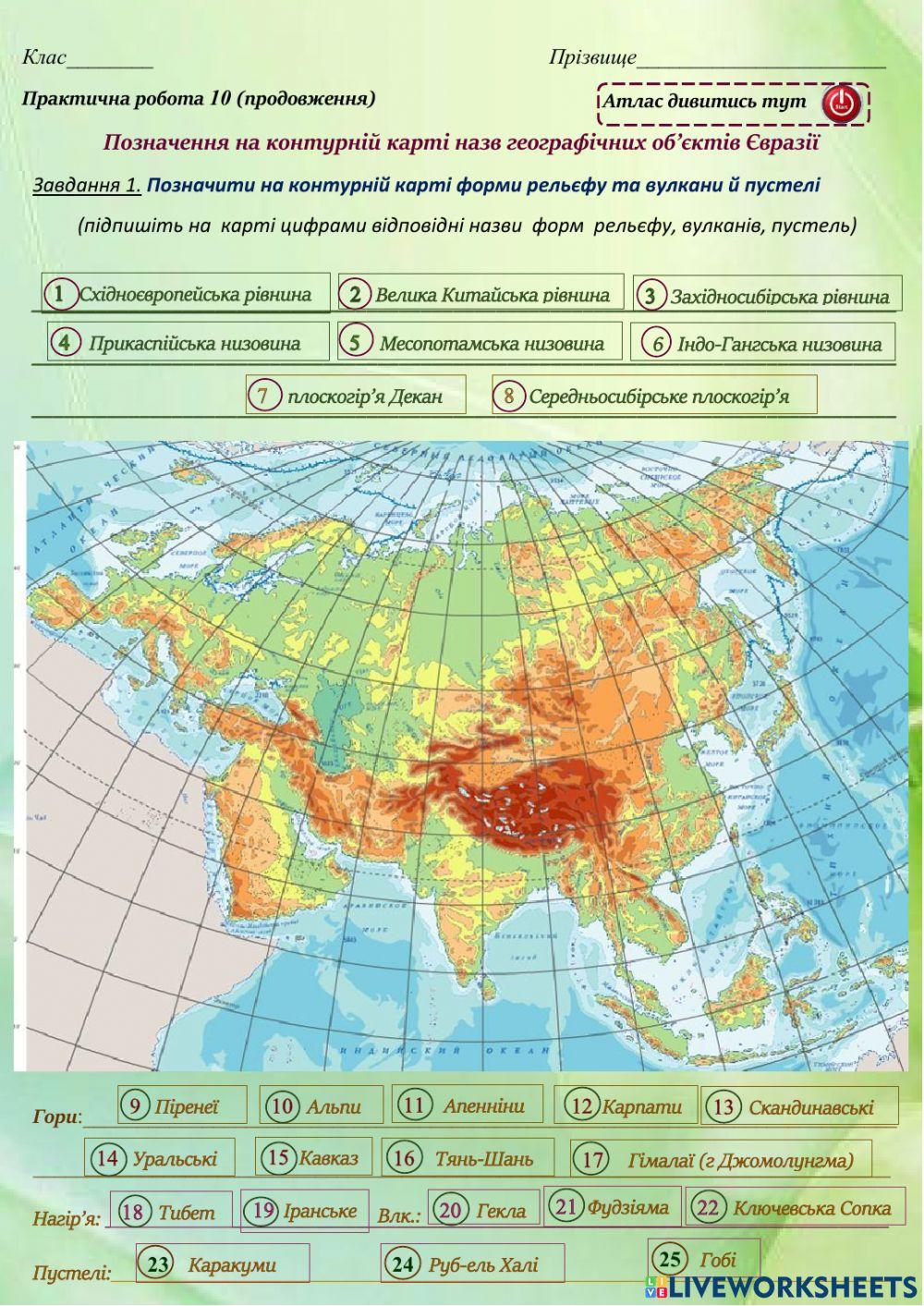 7 клас Позначення на контурній карті назв географічних об’єктів Євразії
