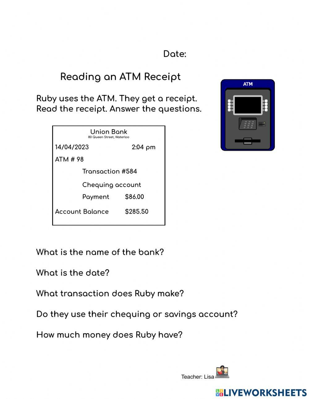 CLB1: At the Bank ATM Receipt PRACTICE