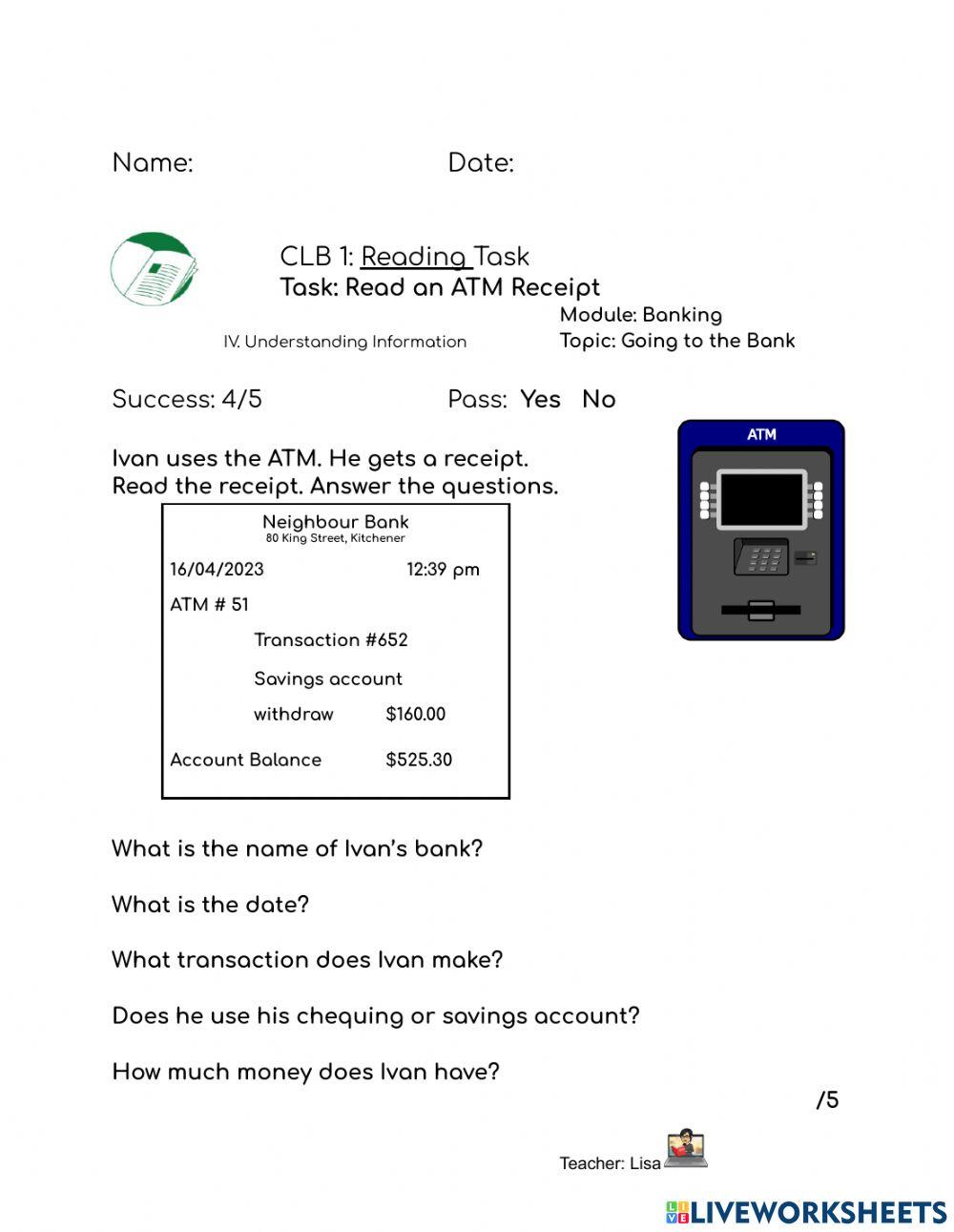 CLB1: At the Bank ATM Receipt TASK