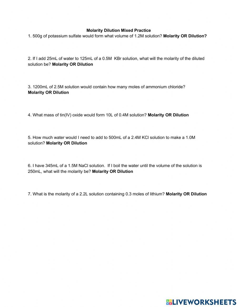 Molarity Dilution Mixed LWS worksheet Live Worksheets
