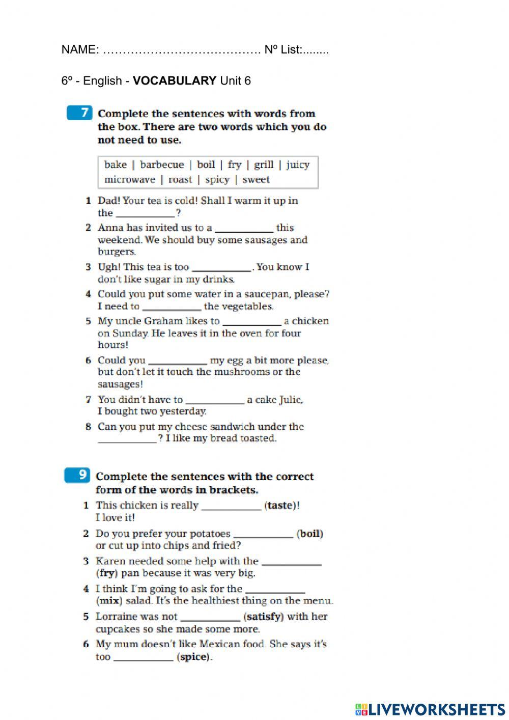 Food vocabulary: adjectives, nouns and verbs