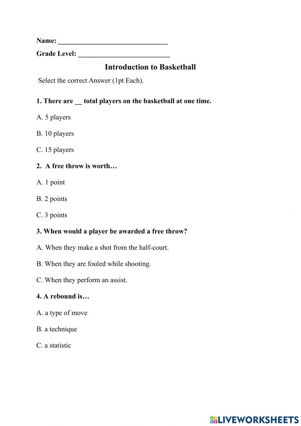 Basketball Worksheet online exercise for Live Worksheets